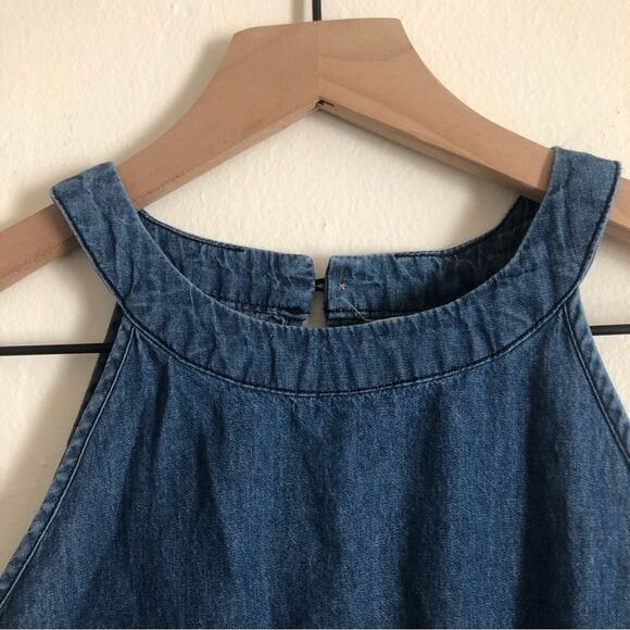 Tea Rose Blue Chambray Soft Denim Cotton Peplum High Neck Sleeveless Tank Top - Picture 4 of 7